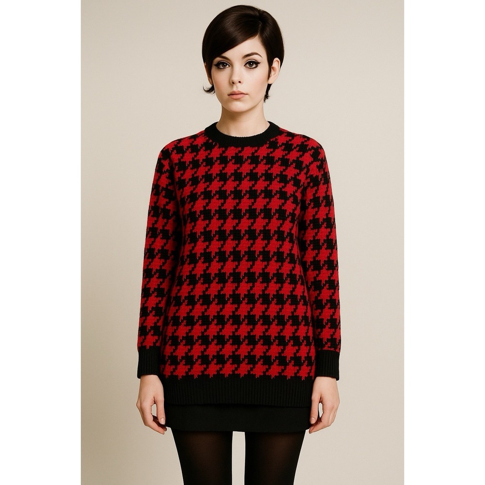 Vtg Eddie Bauer Wool Knit Sweater Pullover Sz L Houndstooth Red Black USA Preppy